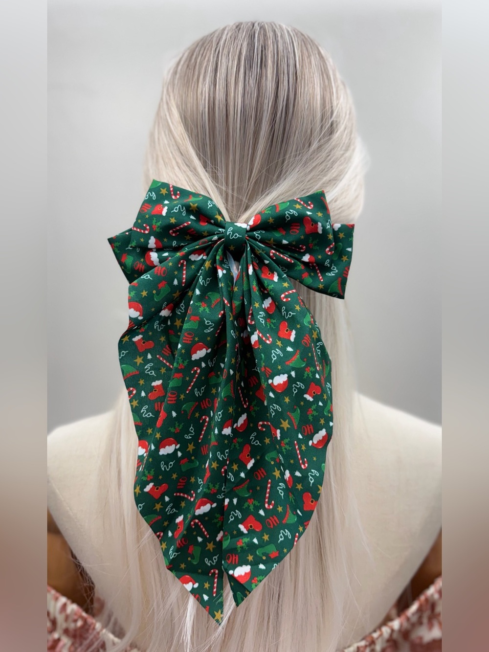 Christmas Hair Bow Barrette Long Tail Santa Snowman Holiday 3 Colors